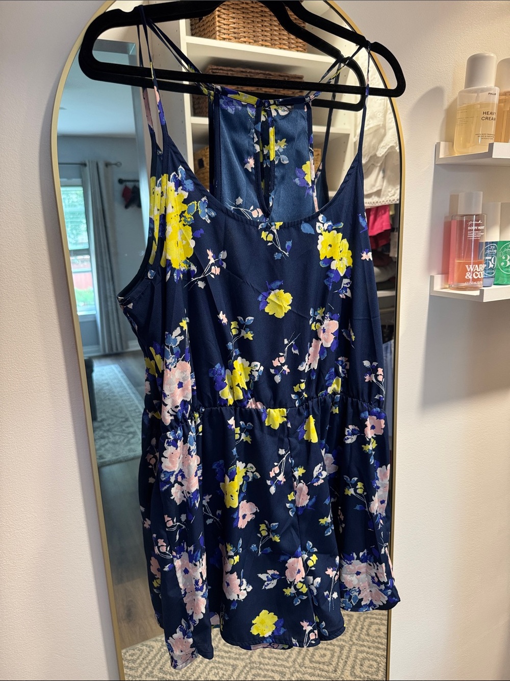 Women’s Navy Floral Sleeveless Romper with Yellow & Pink Blooms XL